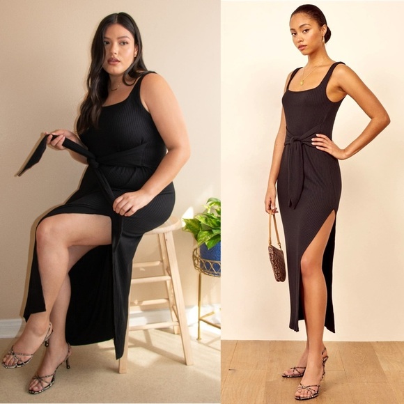 REFORMATION 90s Rib Knit Scoop Neck Sleeveless Tie Waist Side Slit Midi Dress M - Picture 1 of 8